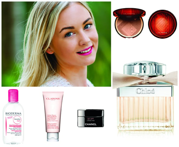 Clockwise: Sarah Garden Features Writer, Bronzing Compact Dhs250 Clarins, Chloe Signature Scent Dhs390 at Paris Gallery, Le Lift Crème Fine Dhs590 Chanel, Anti-Pollution Cleansing Cream Dhs130 Clarins, Sensibo H2O Dhs35 Bioderma