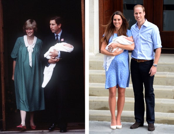 A comparison between: On the left: Prince Charles and Princess Diana with newborn son Prince William. On the right: Prince William and Kate Middleton with newborn son Prince George both leaving the Lindo Wing of St Mary's hospital