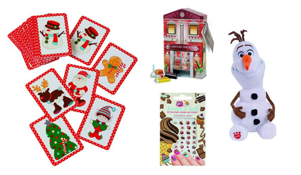 L-R: Christmas snap cards Dhs12 Early Learning Centre, The Dubai Mall, Candy Store tin Dhs65 Hershey’s Chocolate World, The Dubai Mall, Olaf from Disney’s Frozen stuffed toy Dhs120 Build–a-Bear, The Dubai Mall, Chocolate scratch & sniff nail stickers Dhs16.56 NPW at alexandalexa.com