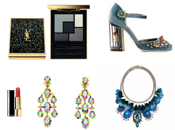 Clockwise: Chandelier earrings starting from Dhs1,000,000 Cher Dior, Rouge Allure Lipstick Dhs175 Chanel, Palette Rock Dhs287  Yves Saint Laurent, Cage heels Dhs7,990 Dolce & Gabbana at matchesfashion.com, Necklace Dhs3,200  Bijoux De Famille at Valleydez