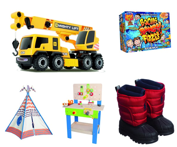 Clockwise:  Play tent Dhs888 Pacific Play Tents exclusive to neimanmarcus.com, JCB play toy  Dhs180 thetoystore.com, Chemistry Set  Dhs99 Boom Bang Fizzes  at Debenhams,   Snow boots Dhs330 Ralph Lauren,  Master workbench Dhs397 allmodern.com 