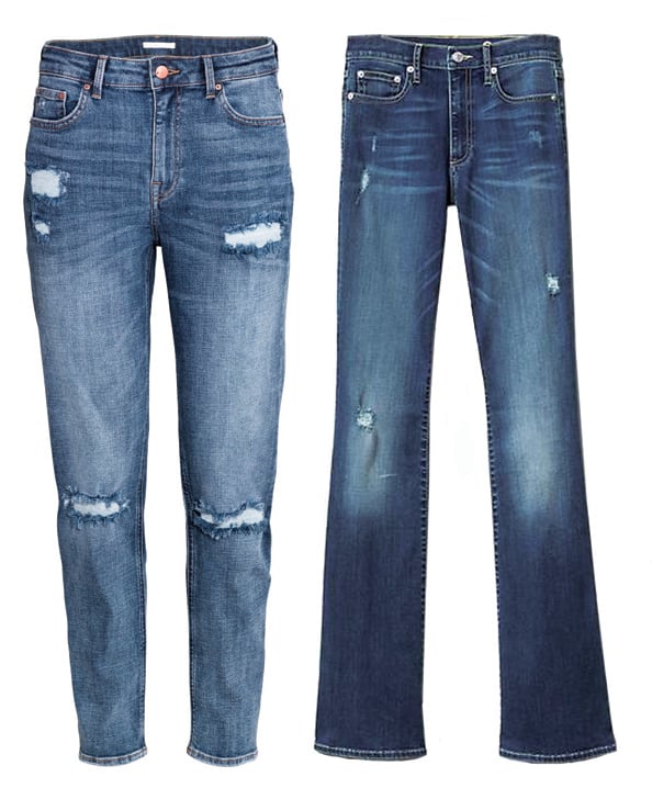 (L-R) Girlfriend Jeans from H&M, Dhs149, hm.com. 1969 resolution vintage destructed skiiny flare jeans, Dhs316. Gap.com
