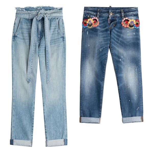 (L-R)   High-waisted Jeans from Seven for all Mankind, Dhs889, stylebop.com. Embellished crop jeans from DSquared2, Dhs1407, stylebop.com