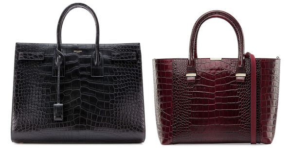 Sac de jour alligator leather tote from Saint Laurent, Dhs132,500, mytheresa.com. Quincy Embossed leather tote from Victoria Beckham, Dhs4778, mytheresa.com 