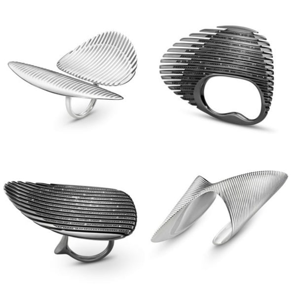 Four pieces from the Georg Jensen x Zaha Hadid collection 