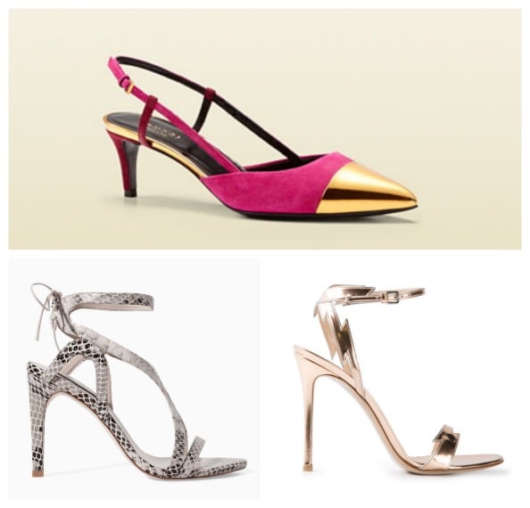 Cap-toe sling backs Dhs2,600 Gucci; Snake print heels Dhs350 Zara; Strappy heels Dhs2,865 Gianvito Rossi at farfetch.com  