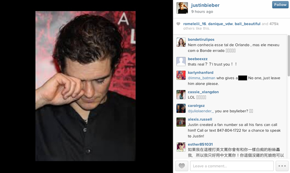 Justin Bieber posts an image on Instagram of what looks like Orlando Bloom crying