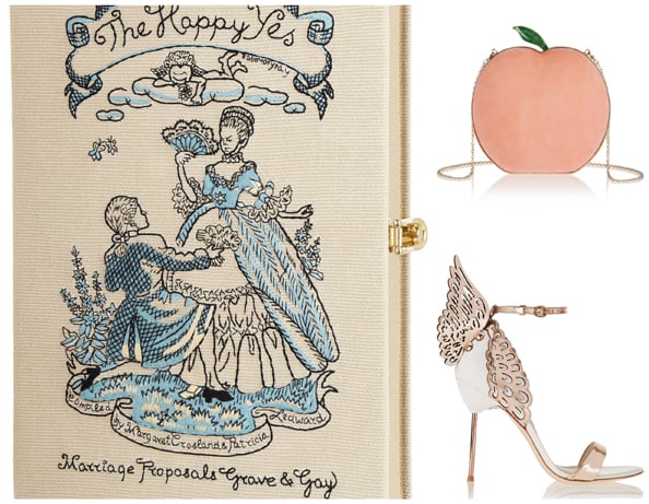 Clockwise: The Happy Yes embroidered clutch POA Olympia Le Tan, What A Peach bag Dhs7,470 Charlotte Olympia, Evangeline shoes Dhs2,370 Sophia Webster
