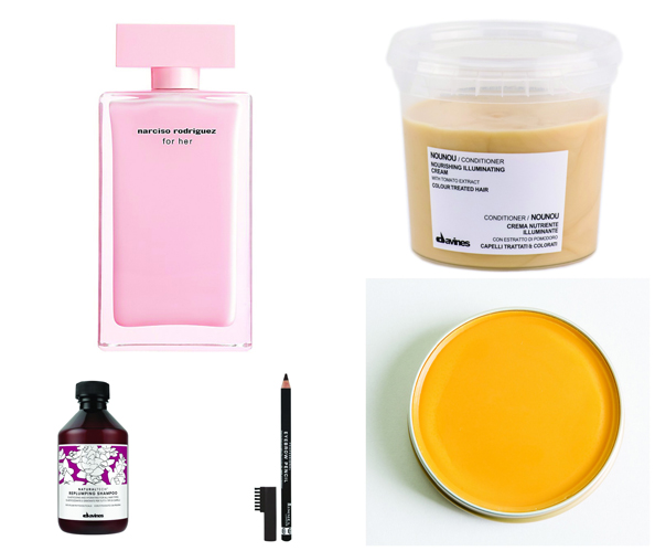 Clockwise: Replumping Shampoo Dhs95 Davines, Narciso Rodriguez For Her Dhs559 at Paris Gallery, Nourishing Conditioner Dhs80 Davines, Wild Argan Miracle Solid Oil Dhs79 The Body Shop, Eyebrow Pencil in Black Brown Dhs24 Rimmel 
