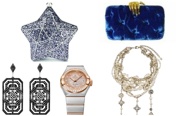 Clockwise: Earrings Dhs340 Swarovski, Clutch Dhs4,700 Aspinal of London, Clutch Dhs4,060 Bendetta at Valleydez,  Necklace Dhs24,490 Chanel, Watch Dhs29,700 Omega  