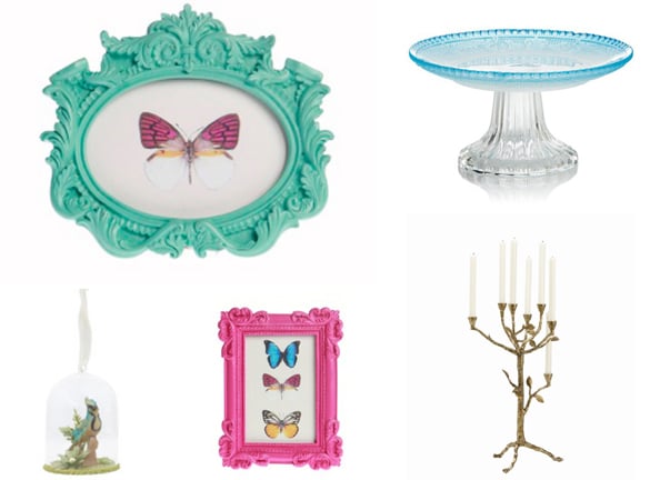 Clockwise: Picture frames Dhs30 each sassandbelle.co.uk, Cake stand Dhs79 Bloomingdale’s, Candelabra Dhs1,950 Arteriors at Harvey Nichols-Dubai, Bluebird bauble Dhs115 liberty.co.uk