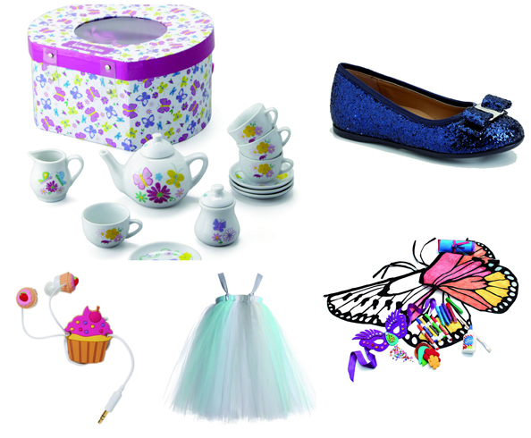 Clockwise: Cupcake earphones  Earphones at S*uce Gifts, Butterfly porcelain tea set Dhs375 Yottoy at neimanmarcus.com, Glitter pumps Dhs1,325 Ferragamo Mini,  DIY make me a butterfly kit Dhs256.78 Exclusive at neimanmarcus.com, Tulle dress Dhs420.55 Dainty Dizzy at childrensalon.com