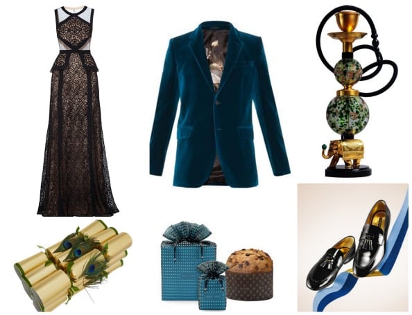 Clockwise: Crackers Dhs230 for 6 liberty.co.uk; Gown Dhs2,000 BCBGMAXAZRIA; Blazer Dhs5,970 Alexander McQueen at matchesfashion.com; Airdiem Green and 18ct gold-plated shisha pipe Dhs37,533 Quintessentially Gifts;  Loafers Dhs4,050 Louis Vuitton; panettone Dhs150 Armani/Dolci at Armani Caffe;