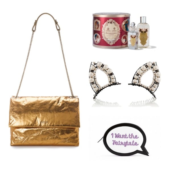 Clockwise: Gold handbag POA Lanvin, Ladies’ fragrance collection Dhs280 Penhaligon’s; Headband Dhs2,370 Erickson Beamon at net-a-porter.com; Clutch Dhs1,954 Sophia Webster