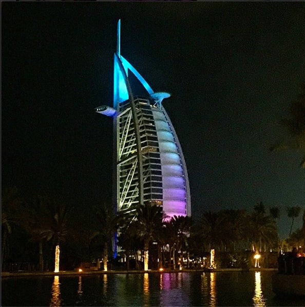Shay Mitchell captures the beautiful view of the Burj Al Arab at night.