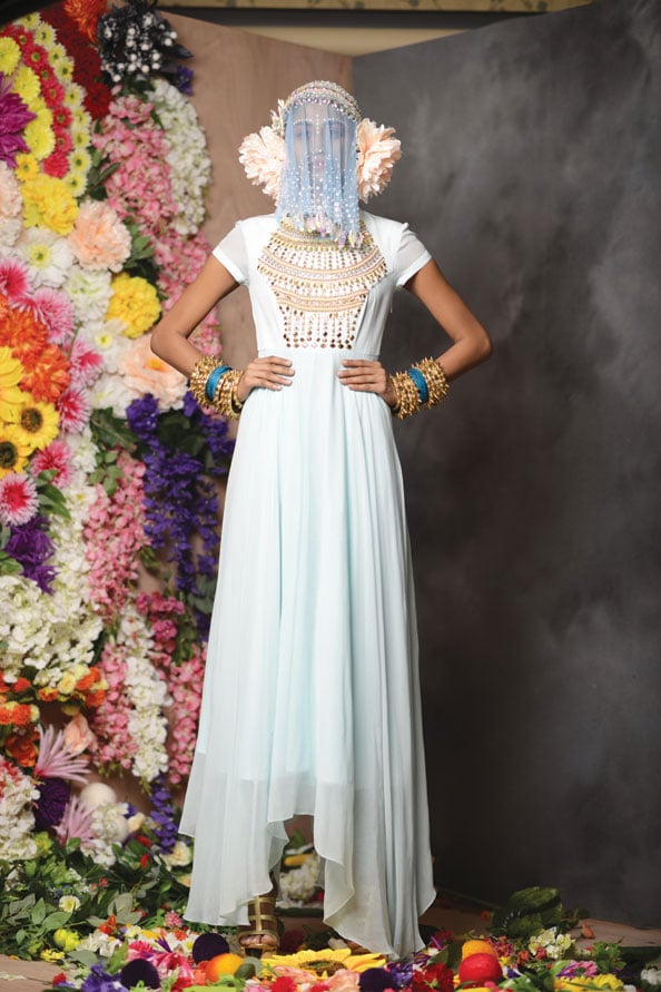 Dress with embellishment and headpiece