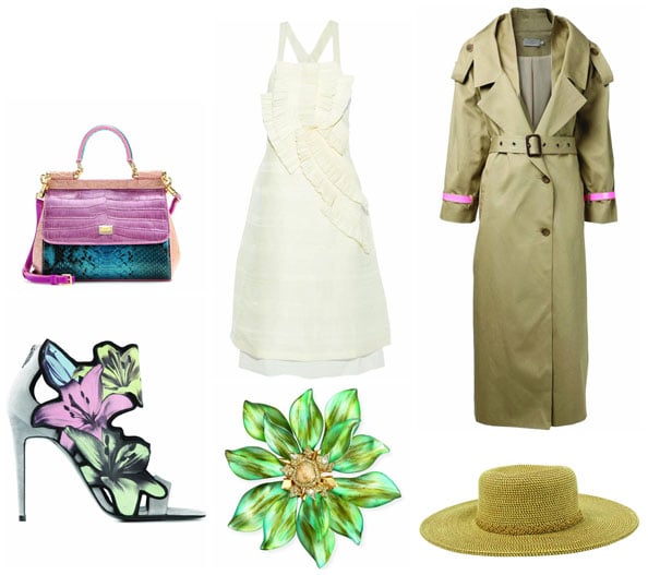 Clockwise: Heels Dhs3,263 Pierre Hardy, Bag Dhs10,089 Dolce & Gabbana, Dress Dhs5,978 Maiyet, Trench Coat Dhs5,198 Preen By Thornton Bregazzi, Hat Dhs179 Nine West, Flower brooch Dhs2,185 Alexis Bittar