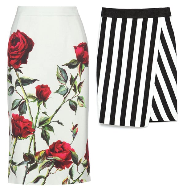 (L-R) Printed Pencil Skirt from Dolce and Gabbana, Dhs2975, mytheresa.com Striped Sarong skirt from Zara, Dhs115, zara.com 