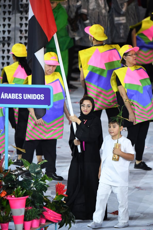 United Arab Emirates's flagbearer Nada Al Bedwawi leads her delegation during the opening ceremony of the Rio 2016 Olympic Games