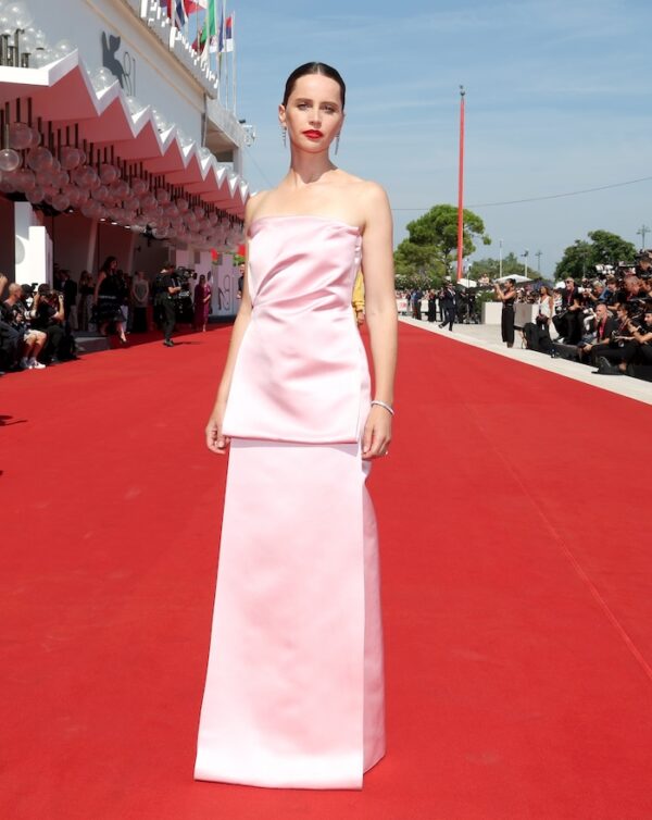 Felicity Jones at the "The Brutalist" red carpet during the 81st Venice International Film Festival